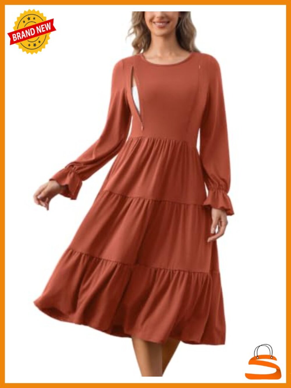 Nursing Dress Breastfeeding Hidden Zipper Midi Long Sleeve Maternity